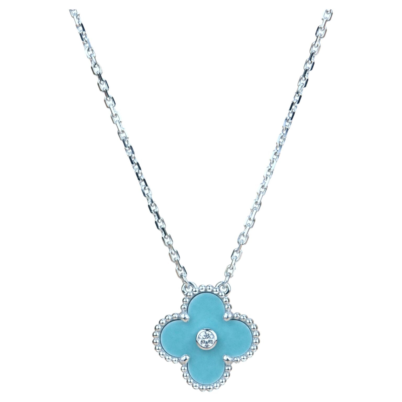 CLOVER 15MM DIAMOND SVRES PORCELAIN  NECKLACE SILVER